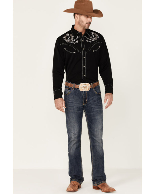 Scully Men's Black Horseshoe & Roses Embroidered Long Sleeve Snap Western Shirt