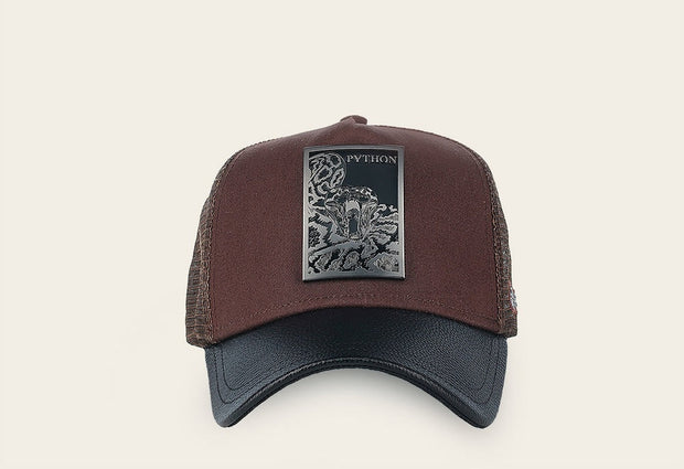 Cuadra Men's Python Metal Patch Leather Cap CC118 - Dark Brown