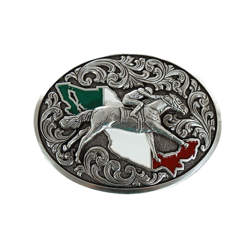 Western Horse Gold & Silver Engraved Mexican Vaquero Cowboy Belt Buckle