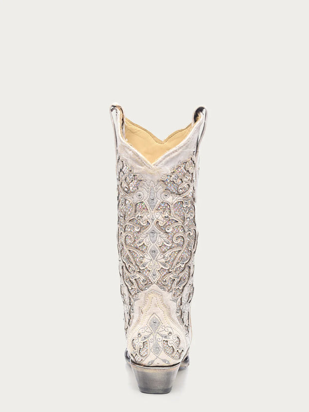 Corral Women's White Leather Glitter Inlay Cowgirl Boots A3322