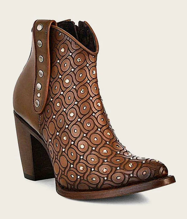 Cuadra Womens Handwoven brown leather bootie with Austrian crystals