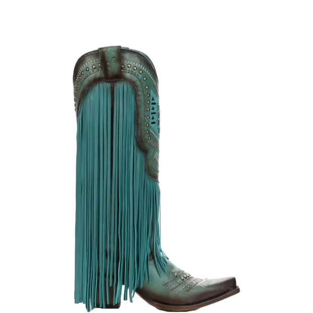Corral Ladies Crystals & Lamb Fringe Turquoise Western Boots C4077