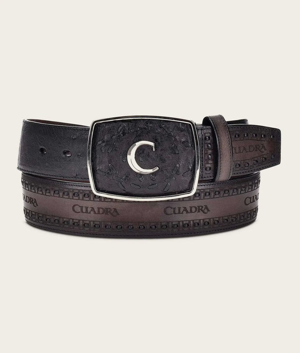 Cuadra Mens Engraved black ostrich leather western belt