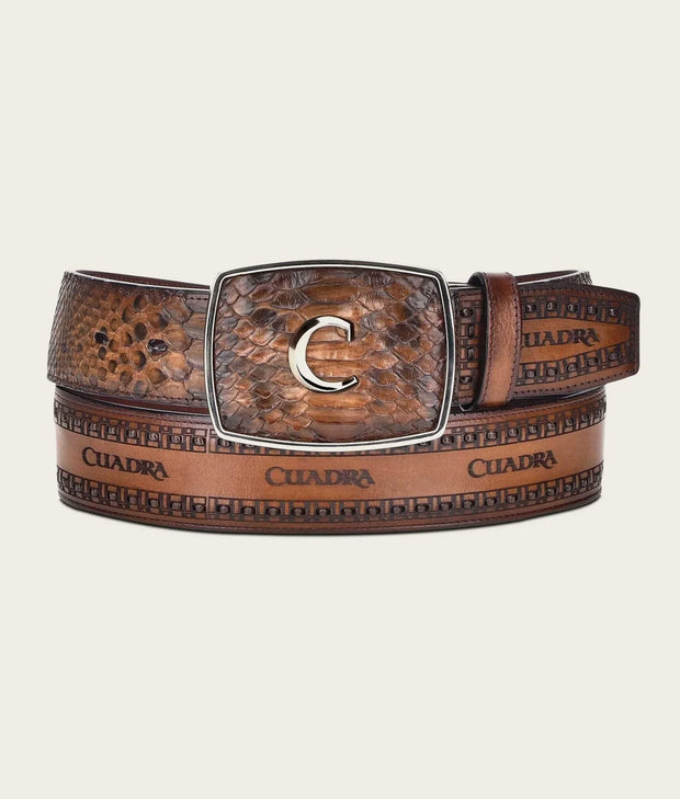 Cuadra Mens Honey Engraved Python Leather Western Belt