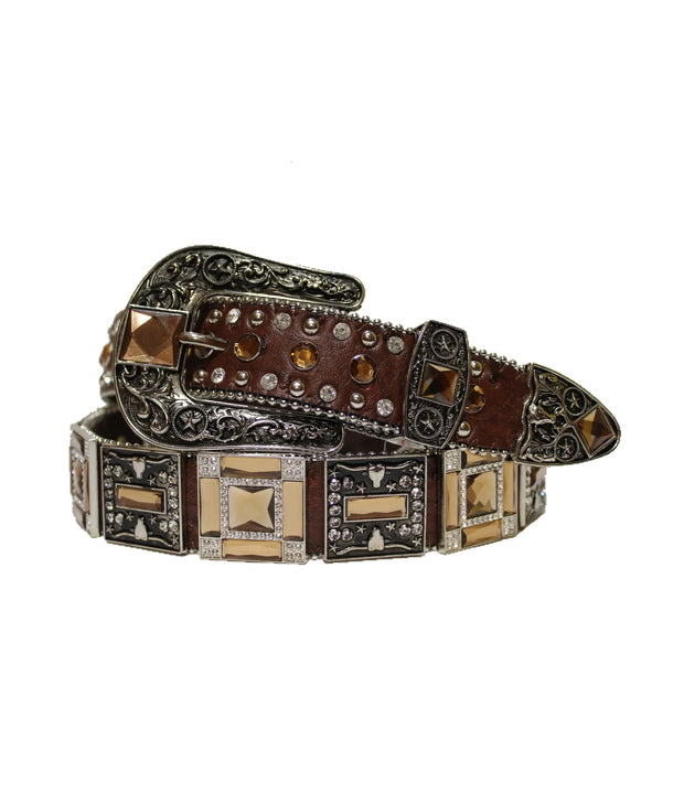 Cowboy Western Rhinestone Belt Brown