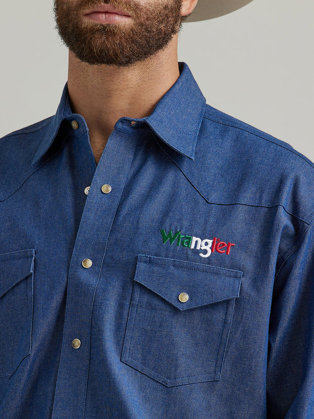 Wrangler Men's Denim Mexico Logo Long Sleeve Snap Western Shirt