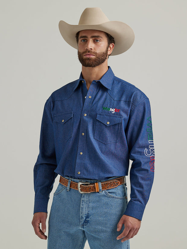 mexican dress shirt Wrangler Men's Denim Mexico Logo Long Sleeve Snap Western Shirt – The Little Ranch