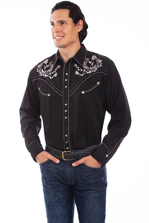 Scully Men's Black Horseshoe & Roses Embroidered Long Sleeve Snap Western Shirt